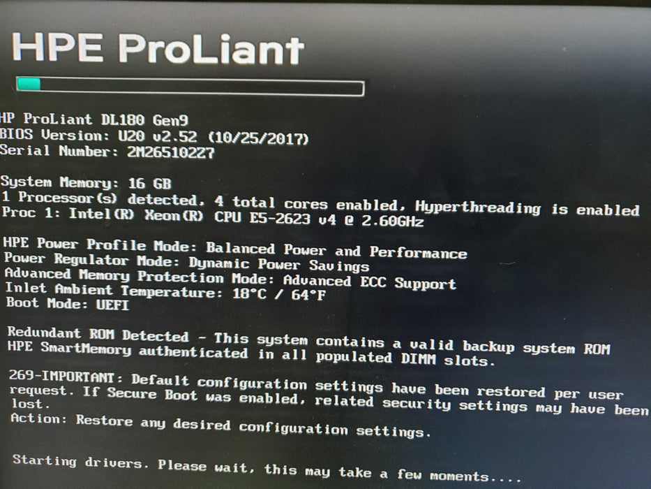 HP PROLIANT DL180 GEN9 1*XEON E5-2623 V4 16GB RAM B140i NO HDD