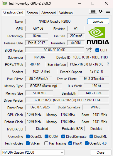 NVIDIA Quadro P2000 5GB GDDR5 Graphics Card