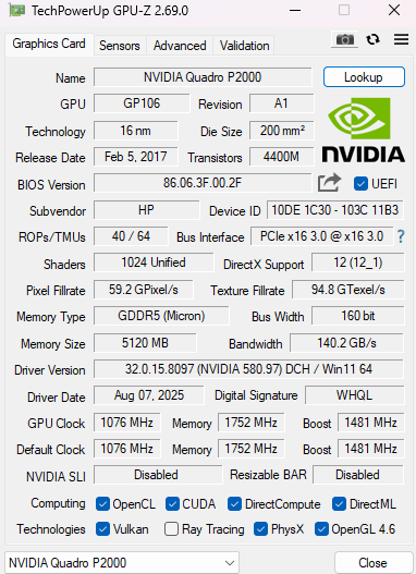 NVIDIA Quadro P2000 5GB GDDR5 Graphics Card