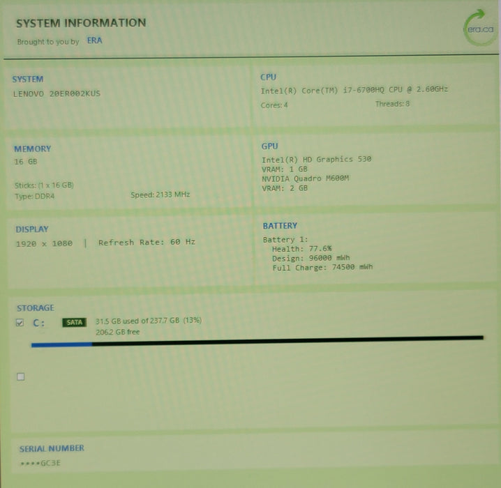 LENOVO ThinkPad P70  i7-6700HQ 16GB QUADRO M600 256GB SSD