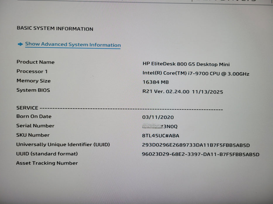 HP EliteDesk 800 G5 SFF i7 - 9700 @ 3.00GHz 16GB DDR4 256GB NVME