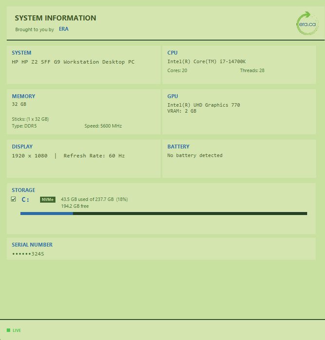 HP Z2 SFF G9 Workstation, i7-14700K 32GB DDR5, 256 GB NVMe