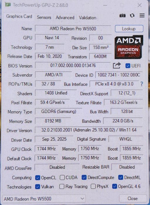 AMD Radeon PRO W5500 8GB GDDR6 4X DP GPU Graphics Card