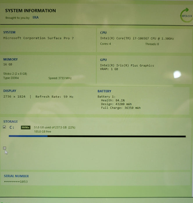 Microsoft Surface Pro 7 1866 i7-1065G7 16GB DDR4 256GB NVMe READ