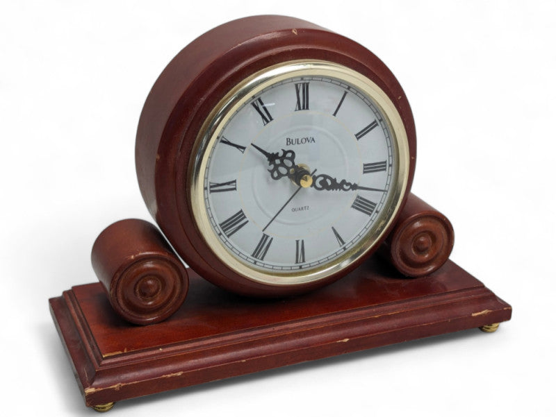 BULOVA Quarts Desktop Wood Clock B1895 Works Good  -
