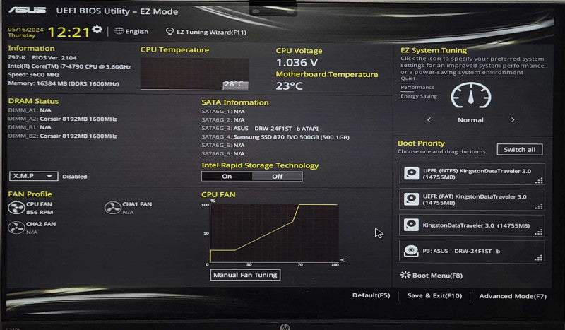 Custom PC/ASUS Z97-K, Intel i7-4790 3.60GHz, 16GB DDR3, 500GB SSD