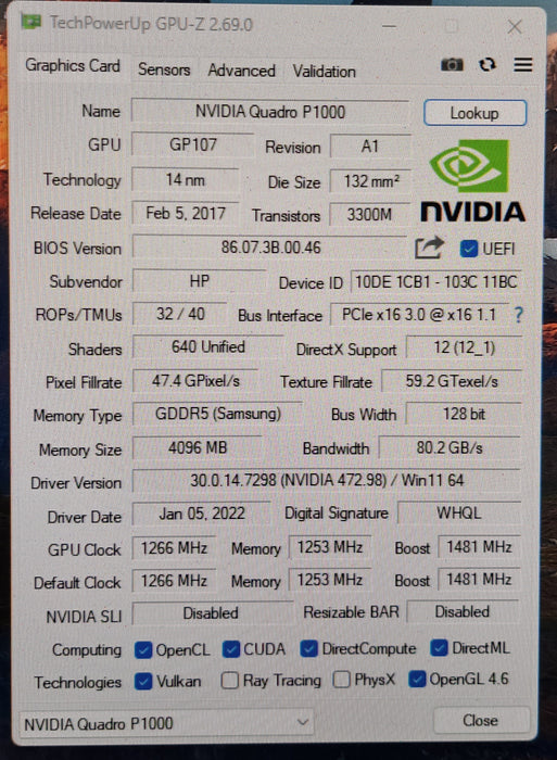 NVIDIA Quadro P1000 4GB GDDR5 Graphics Card - Low Profile *READ*