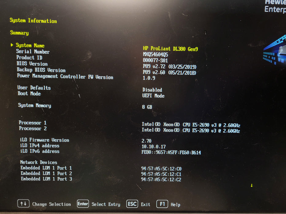 HP ProLiant DL380 Gen9 2.5" E5-2690 v3 8GB RAM DDR4 P440ar 2x 800W PSU