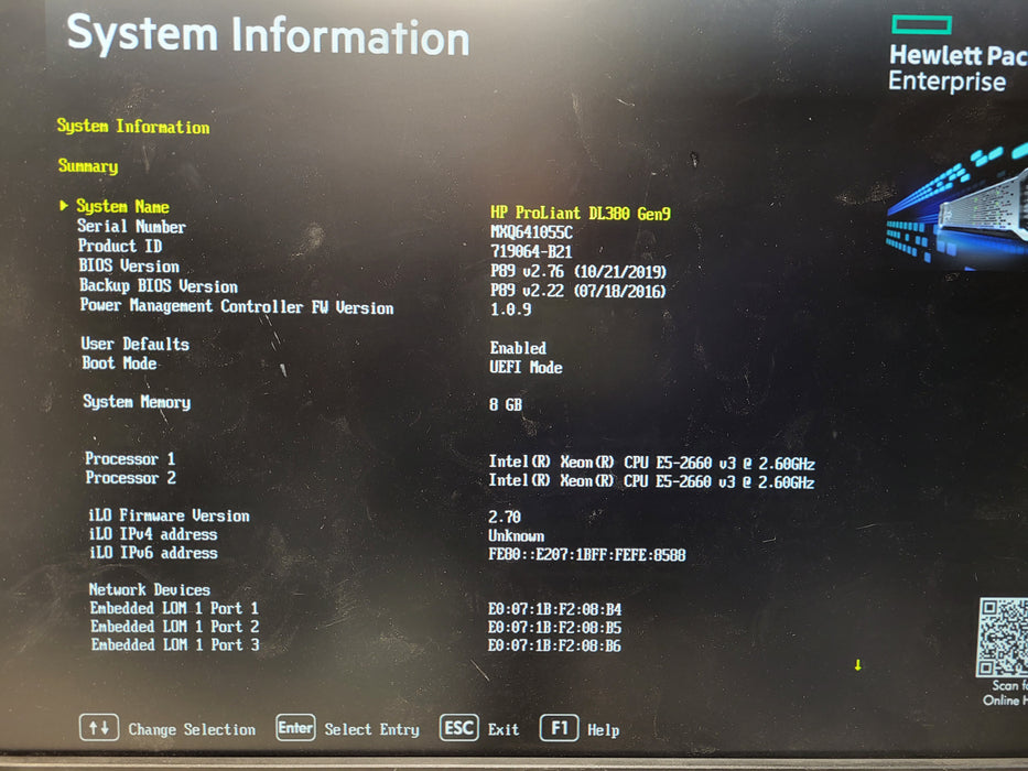 HP ProLiant DL380 Gen9 2.5" E5-2660 v3 8GB RAM DDR4 P440ar 2x 800W PSU READ