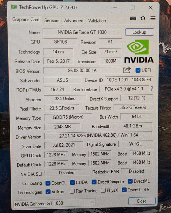 Asus GeForce GT 1030 2GB GDDR5 Silent Graphics Card | GT1030-2G-CSM