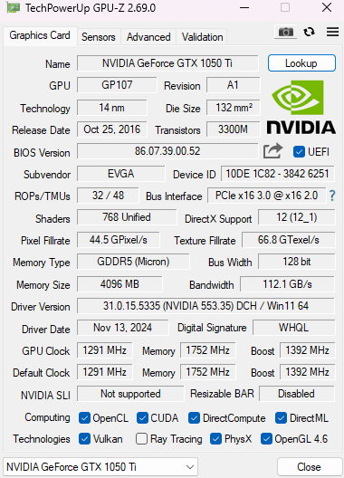 EVGA GeForce GTX 1050 Ti 4GB GDDR5 Graphics Card (04G-P4-6251-KR)