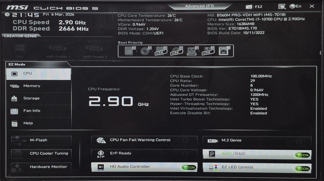 Custom PC, msi B560M Pro-VDH Wifi, i7-10700, 16GB DDR4, 256GB NVMe