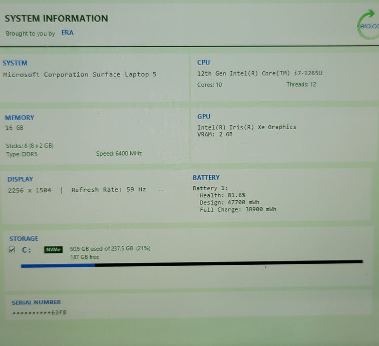 Microsoft Surface Laptop 5 i7-1265U 16GB DDR4 256GB NVMe READ