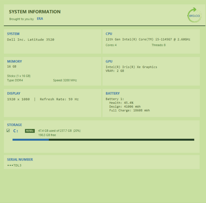 Dell Latitude 3520, i5-1145G7 2.60GHz, 16GB DDR4, 256GB NVMe, PWR