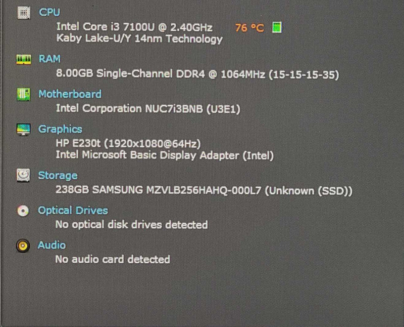 Intel NUC NUC7I3BNB PC, i3-7100U 2.40GHz, 8GB RAM, 256GB Nvme, WiFi