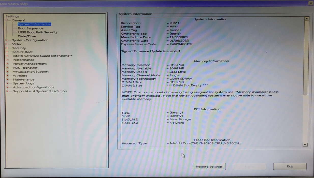 Dell Vostro 3681 - Core i3-10105 8GB DDR4 256GB NVMe