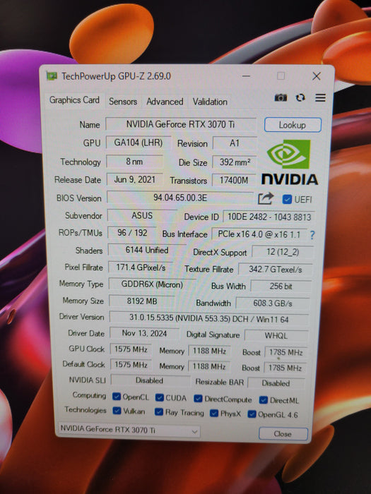 ASUS TUF Gaming GeForce RTX 3070 Ti OC 8GB GDDR6X Graphics Card