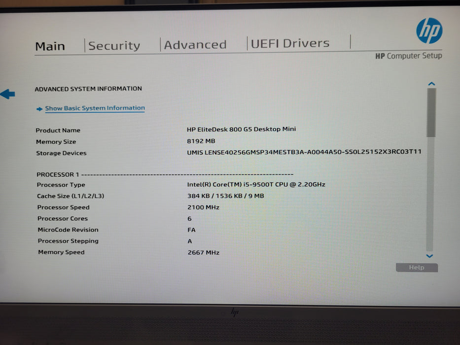 HP EliteDesk 800 G5 Mini, Core i5-9500T 2.20GHz 8GB 256GB NVME w/ Power adapter