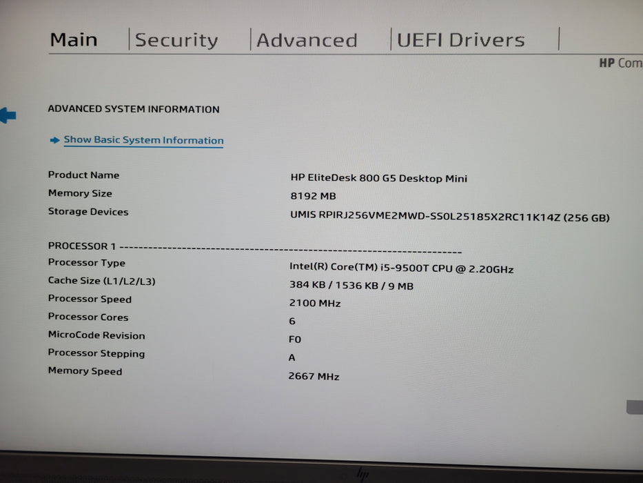 HP EliteDesk 800 G5 Mini PC Core i5-9500T 2.20GHz 8GB 256GB NVME w/ Power adapte