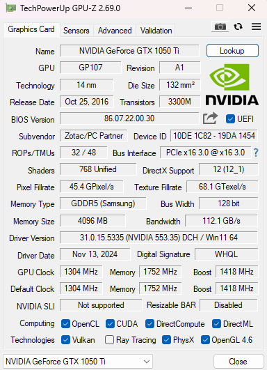 Zotac GeForce GTX 1050Ti 4GB GDDR5 Graphics Card