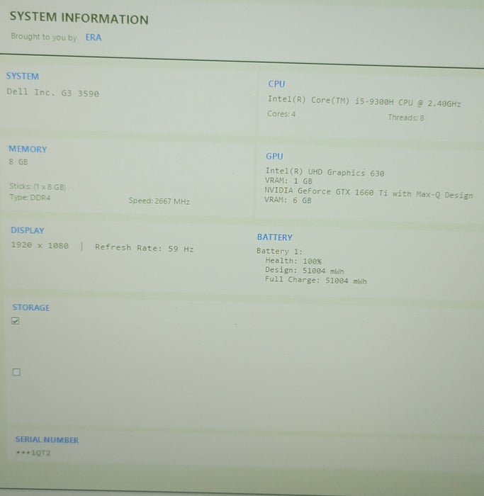 Dell G3 i5-9300H 8GB DDR4 GTX 1660 Ti NO SSD FOR PARTS/REPAIR
