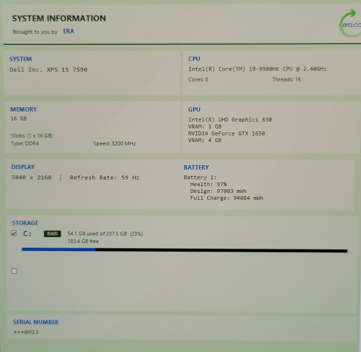 Dell XPS 15 7590 i9-9980HK 16GB DR4 GTX 1650 256GB NVMe 4K Non-Touch READ