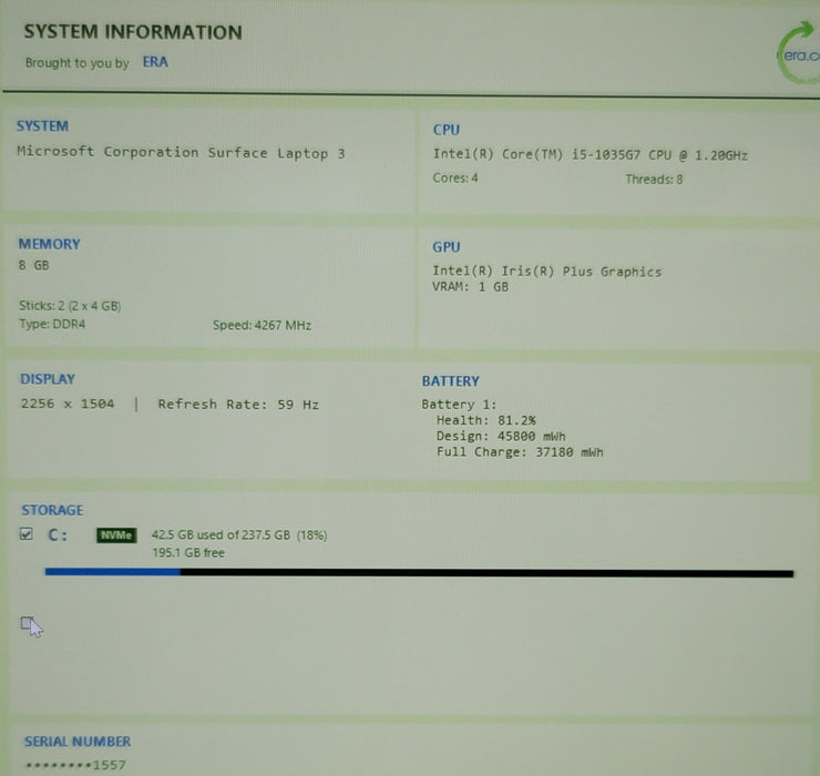 Microsoft Surface Laptop 3 1867 i5-1035G7 8GB DDR4 256GB NVMe READ