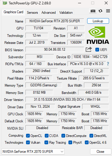 MSI GeForce RTX 2070 Super Ventus 8GB GDDR6 Graphics Card|READ