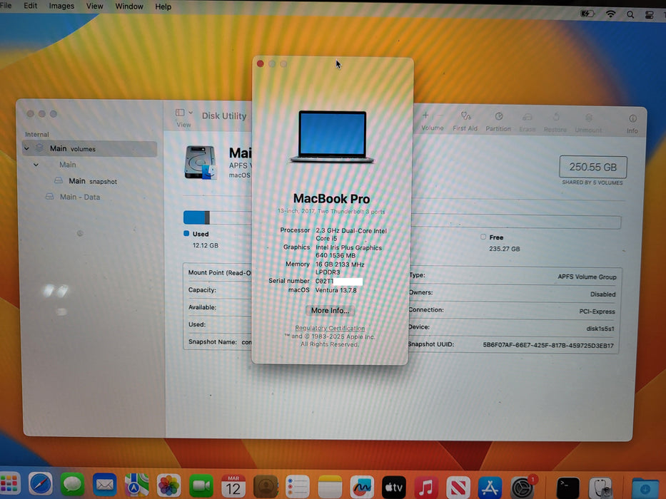 Apple MacBook Pro 13", 2017 A1708 i5-7360U 16GB RAM 250GB SSD