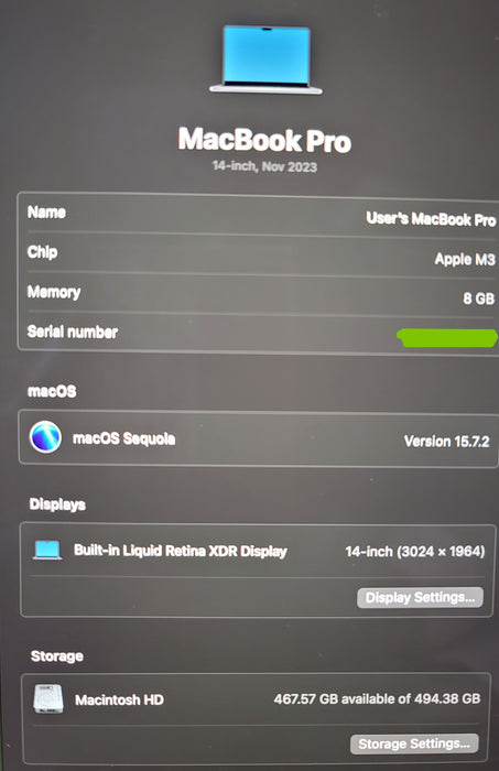 Apple MacBook Pro 14" 2023 A2918 M3 8GB RAM 512GB SSD Space Grey