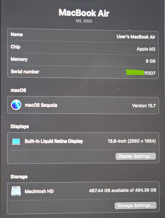 Apple MacBook Air 13" 2022 A2681 M2 8GB RAM 512GB SSD  SILVER