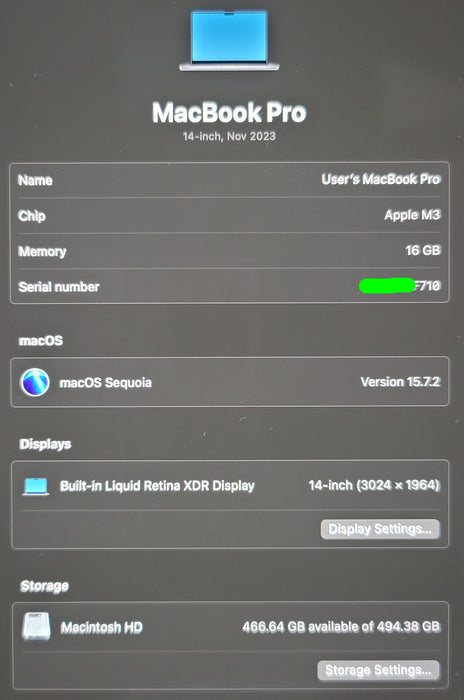Apple MacBook Pro 14" 2023 A2918 M3 16GB RAM 512GB SSD SPACE GREY