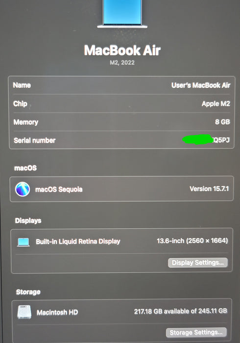 Apple MacBook Air 13.6" 2022 A2681 M2 8GB RAM 256GB SSD READ