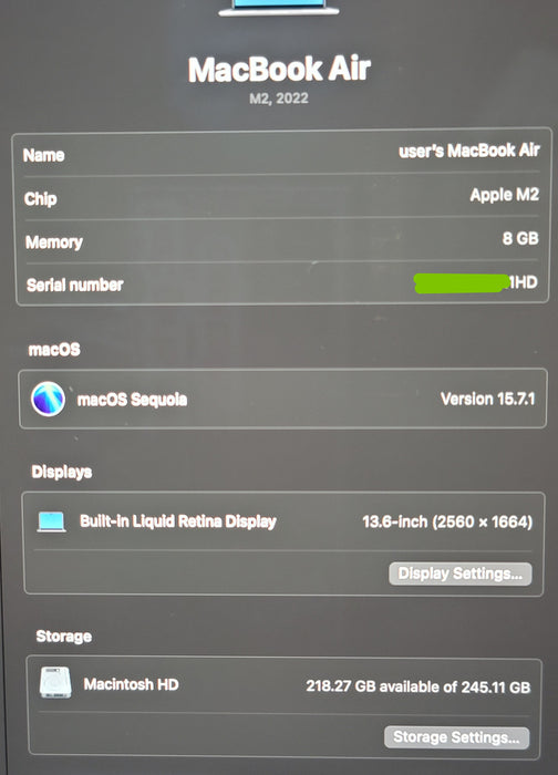 Apple MacBook Air 13.6" 2022 A2681 M2 8GB RAM 256GB SSD SPACE GREY READ