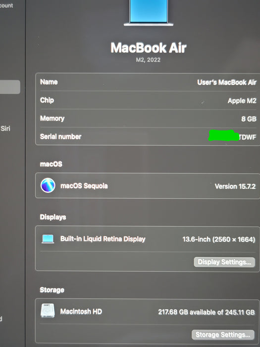 Apple MacBook Air 13.6" 2022 A2681 M2 8GB RAM 256GB SSD SPACE GREY READ