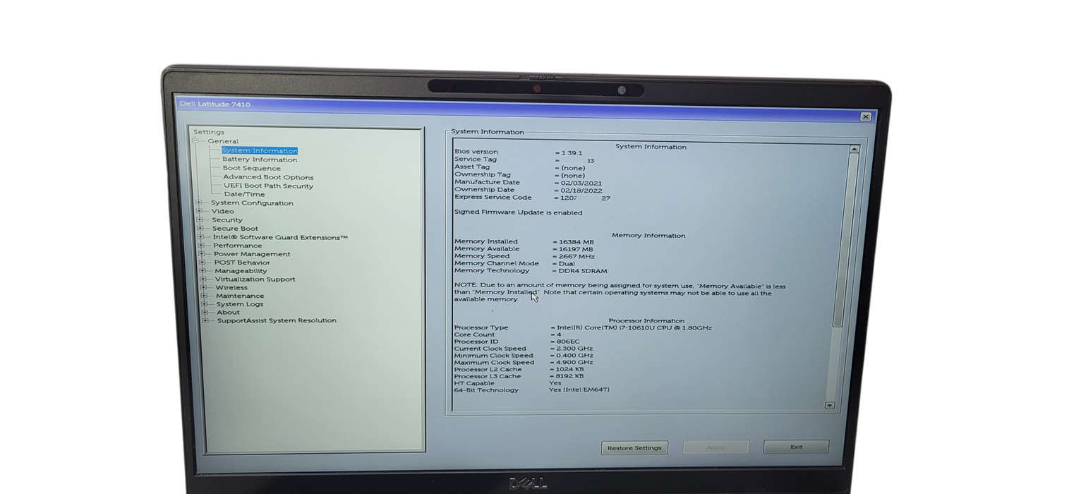 Dell Latitude 7410 i7-1061U CPU|16GB DDR4|256GB NVME W/AC