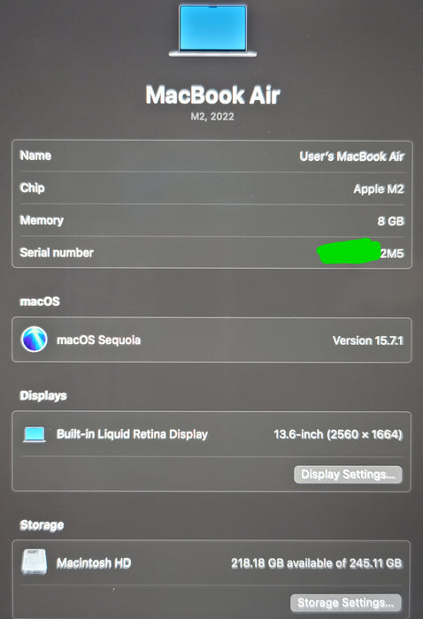 Apple MacBook Air 13.6" 2022 A2681 M2 8GB RAM 256GB SSD SPACE GREY