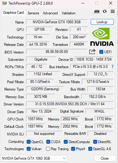 Gigabyte GeForce GTX 1060 3GB GDDR5 Graphics Card