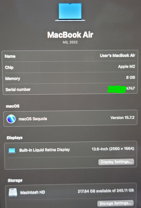 Apple MacBook Air 13.6" 2022 A2681 M2 8GB RAM 256GB SSD MIDNIGHT READ