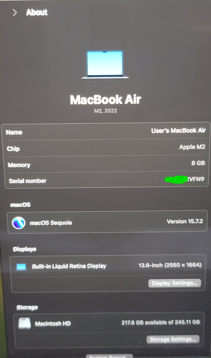 Apple MacBook Air 13.6" 2022 A2681 M2 8GB RAM 256GB SSD MIDNIGHT READ