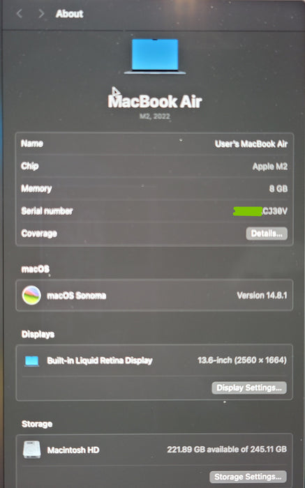 Apple MacBook Air 13.6" 2022 A2681 M2 8GB RAM 256GB SSD MIDNIGHT