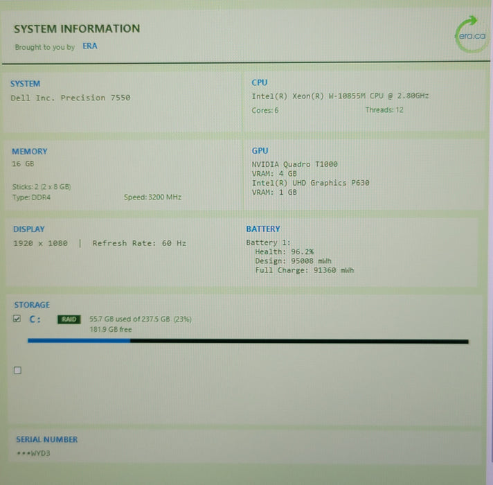 Dell Precision 7550 Xeon W-10855M 16GB DDR4 Quadro T1000 256GB NVMe