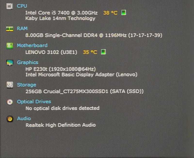 Lenovo M710s SFF, i5-7400 3.00GHz, 8GB DDR4, 275GB SSD