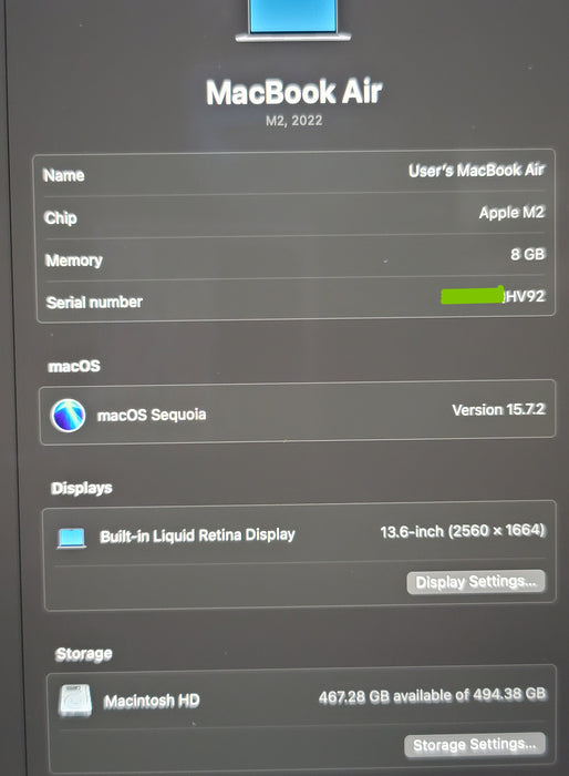 Apple MacBook Air 13" M2 2022 A2681 M2 8GB RAM 512 GB SSD SILVER