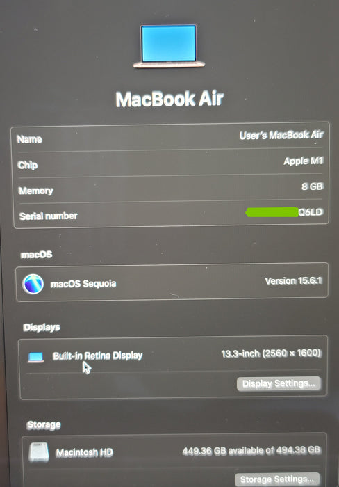 Apple MacBook Air 13" 2020 A2337 M1 8GB RAM 512GB SSD