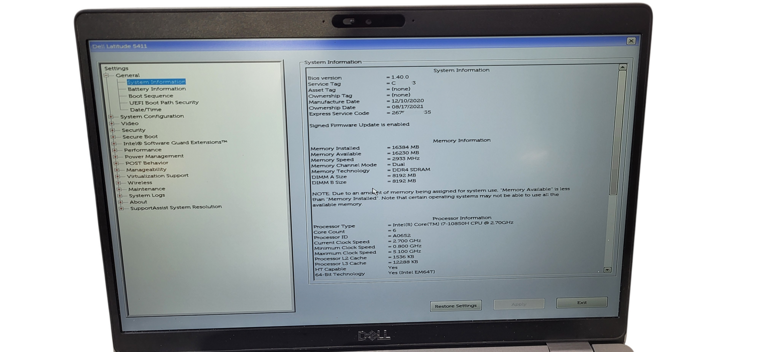 latitude 5411 i7-10850 CPU|16GB RAM|256GB NVME W/AC