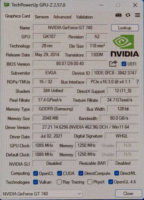 EVGA Nvidia GeForce GT 740 SC 2GB Video Graphics Card