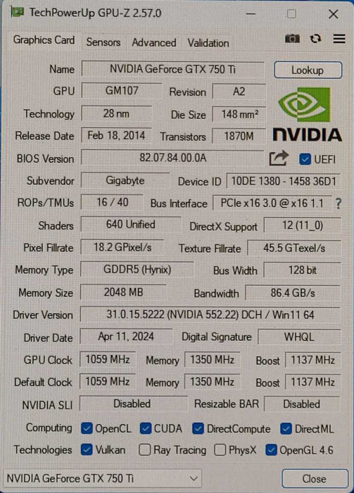 GIGABYTE NVIDIA GeForce GTX 750 Ti 2GB GDDR5 Graphics Card