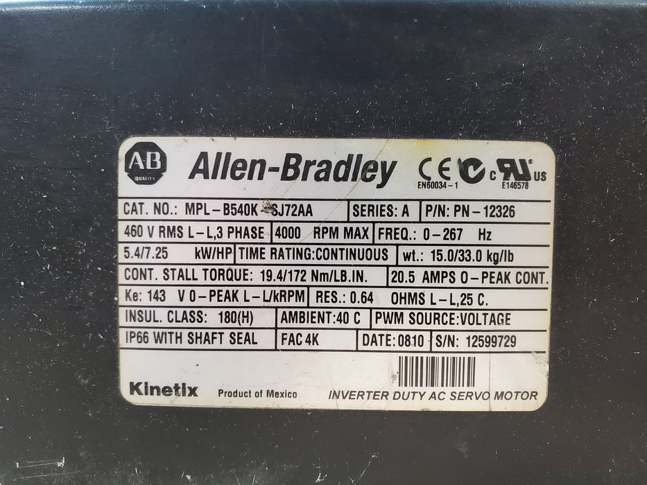 Allen Bradley MPL-B540K-SJ72AA 5.4/7.25 kW/HP Servo Motor *READ*