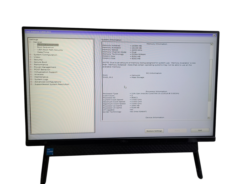 Dell Inspiron 5400 AIO 24"| Intel Core i3-1115G4 @3.00GHz, 16GB DDR4, 256GB NVMe